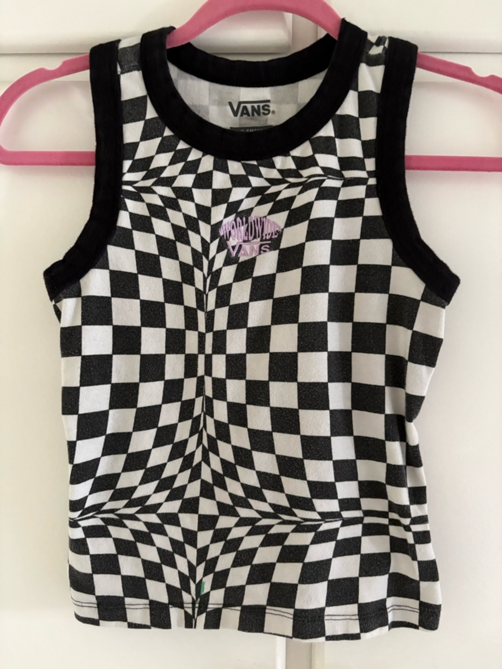 Vans Black & White Checkerboard Tank with Pink Script Logo